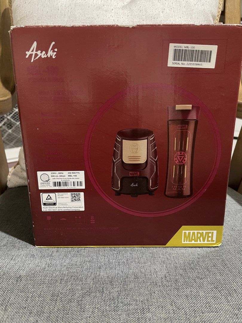 Asahi MBL-100 Marvel Iron Man Personal Blender (Category: Juicers, Blenders & Grinders) located in Pasig City. Submitted by seanymph2026 (Listing ID 1463031342, Image 1). Description: - Asahi MBL-100 Marvel Iron Man Personal Blender - Stark Industries Edition - Includes blender base, blade, and travel cup - 250 Watts power - 600ml capacity travel cup - Ideal for making smoothies on the go - Original box included - Brand new, old stock.