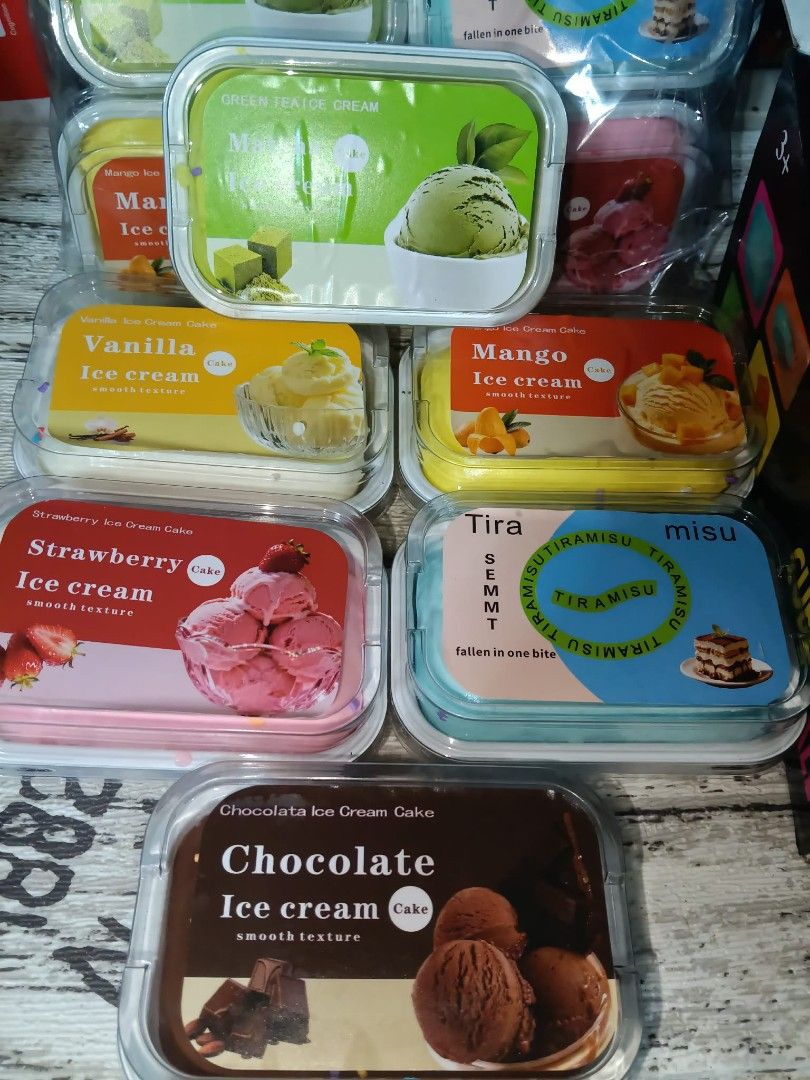 Assorted Flavors Ice Cream Cake - 120 Each (Category: Other Kitchenware & Tableware) located in Pasig City. Submitted by benildarustia18 (Listing ID 1462904040, Image 1). Description: - Assorted Ice Cream Cake Flavors: Chocolate, Green Tea, Vanilla, Mango, Strawberry, Tiramisu - Smooth and creamy texture - Perfect for any sweet craving - Price: 120 each.