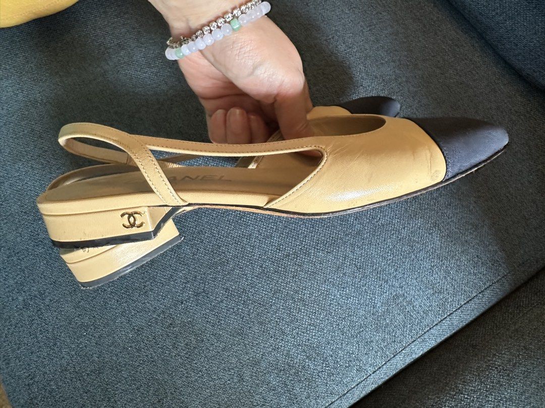 Auth! Chanel Slingback Cap Toe Heels Beige Black (Category: Heels) located in San Juan City. Submitted by fabbagger62976 (Listing ID 1462909276, Image 3). Description: Authentic! Size 37c no more box; bought in milan italy! Excelllent condi; used approx 5-6x fixed price .
