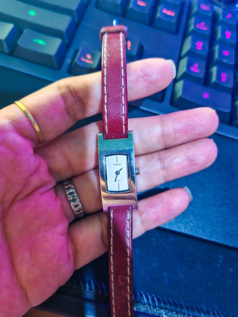 Auth Guess Rectangular Watch (Category: Women's Watches) located in Taguig. Submitted by mystuff4youph (Listing ID 1463057342, Image 1). Description: - Rectangular face Guess watch - Silver-tone casing - Classic white dial - Deep red leather strap with contrast stitching - Simple and stylish design - Verygood condition, no issue no flaw - Minimal sign of use and scratches - perfectly working - Bought in Japan.