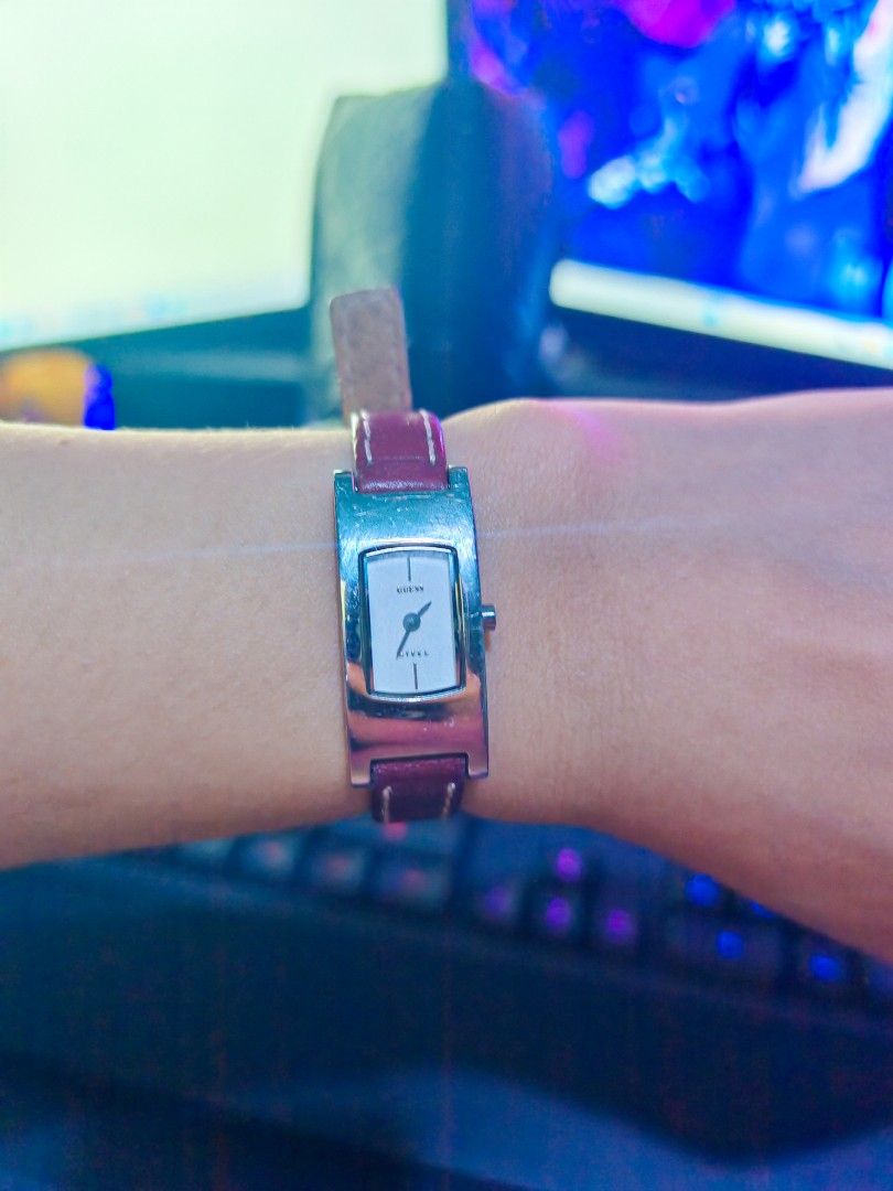 Auth Guess Rectangular Watch (Category: Women's Watches) located in Taguig. Submitted by mystuff4youph (Listing ID 1463057342, Image 3). Description: - Rectangular face Guess watch - Silver-tone casing - Classic white dial - Deep red leather strap with contrast stitching - Simple and stylish design - Verygood condition, no issue no flaw - Minimal sign of use and scratches - perfectly working - Bought in Japan.