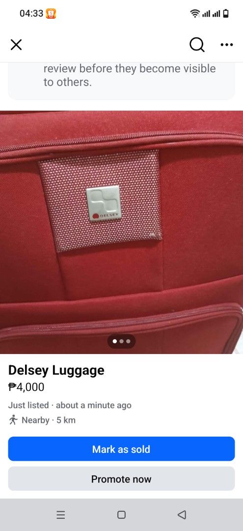 Authentic Delsey Red Luggage - RUSH (Category: Luggage) located in Pasig City. Submitted by exodusmomma (Listing ID 1463103276, Image 1). Description: - Red Delsey luggage - Front zippered pocket - Spacious main compartment - Shows some signs of wear, but still very functional - PRICE IS NEGOTIABLE .