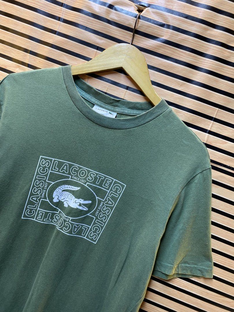 AUTHENTIC LACOSTE TEE (Category: Tshirts & Polo Shirts ) located in Makati City. Submitted by drip.poww (Listing ID 1462945957, Image 2). Description: - Authentic Lacoste - Color: Green - Size: Meduim - Dimes: 21x27 - Authentic - Need wash / Yellow stain - Excellent condition - Need wash, fresh from bale - Material: 100% Cotton Please don’t expect too much—these are thrifted (ukay) items. 😊 !!STILL NEGOTIABLE!!.