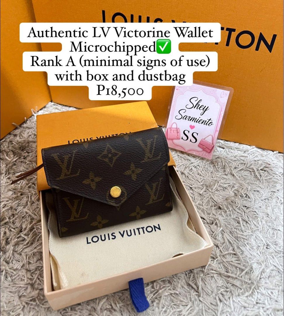 Authentic Louis Vuitton Victorine Wallet (Category: Luxury Bags & Wallets) located in Pasig City. Submitted by sheyfabph (Listing ID 1462910977, Image 1). Description: Authentic Louis Vuitton Victorine Wallet Microchipped Rank A condition: Minimal signs of use Comes with original box and dustbag -P18,500.