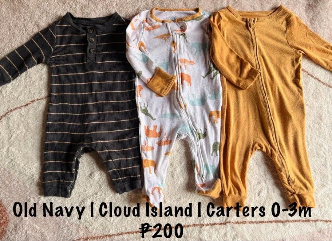 Baby Frogsuit 0-3 months 3 pcs (Category: Babies & Kids Fashion) located in Quezon City. Submitted by theentreprenurse (Listing ID 1463113656, Image 1). Description: 𝘼𝙐𝙏𝙊 𝙋𝘼𝙎𝙎 𝙏𝙊 𝙇𝙊𝙒 𝘽𝘼𝙇𝙇𝙀𝙍𝙎 📣 ʙʀᴀɴᴅ: Old Navy, Cloud island, carters ꜱɪᴢᴇ: 0-3 months ᴍᴏᴘ: ɢᴄᴀꜱʜ ꜱʜɪᴘᴘɪɴɢ 🛒 (NO RUSH. I'm a working momma :) ) ▪︎ꜰʟᴀꜱʜ ᴇxᴘʀᴇꜱꜱ | J&T ▪︎ʟᴀʟᴀᴍᴏᴠᴇ|ɢʀᴀʙ ~ 𝚃𝚑𝚎𝚜𝚎 𝚌𝚕𝚘𝚝𝚑𝚎𝚜 𝚊𝚛𝚎 𝚊𝚕𝚛𝚎𝚊𝚍𝚢 𝚠𝚊𝚜𝚑𝚎𝚍. 𝙺𝚒𝚗𝚍𝚕𝚢 𝚖𝚊𝚗�