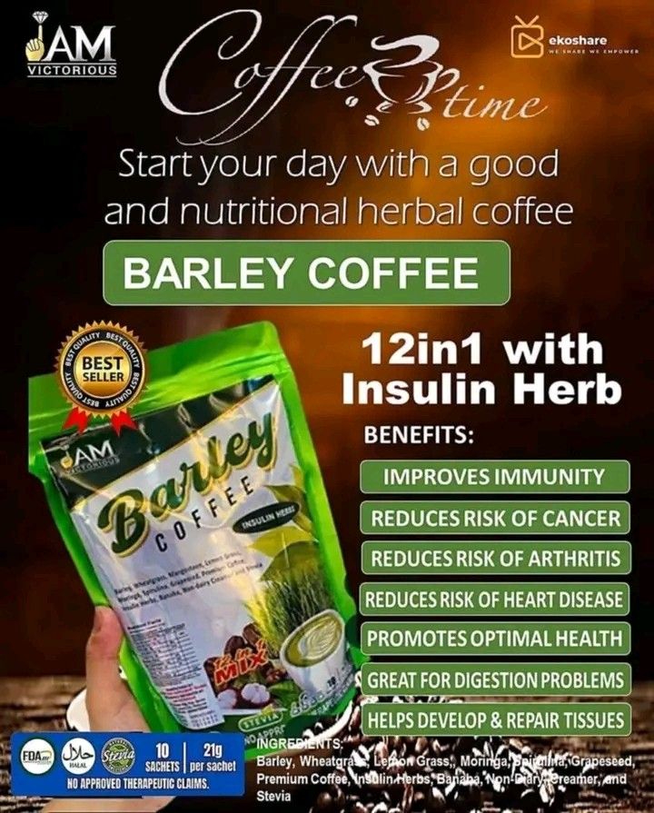 barley coffee 16 in 1 (Category: Health Food, Drinks & Tonics) located in Manila. Submitted by ryan061584 (Listing ID 1463015752, Image 2). Description: barley coffee 12 in 1 mix barley wheat grass mangosteen lemon grass moringga(malunggay) spirulina grapessed premium coffee insulin herbs banaba nondairy creamer and stevia pickup only or lalamove COD call nlng po pag ndi aq nkpag reply agad thnx 09481560475 ry gcash payment +10 pesos po or cash.