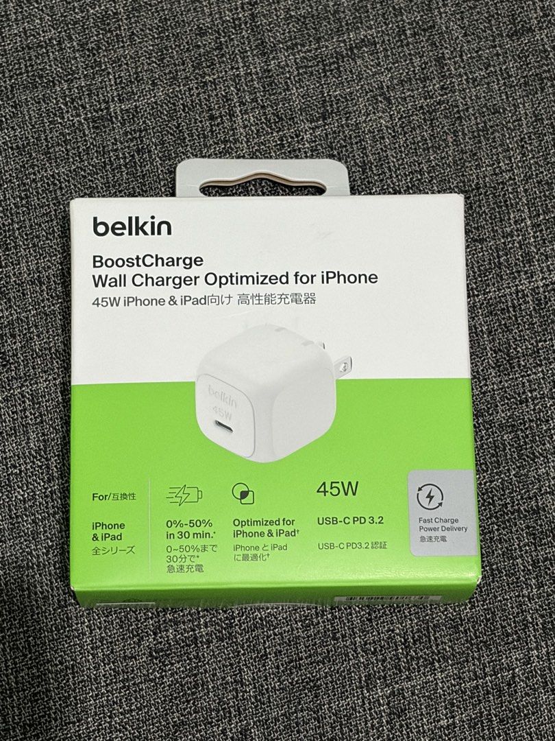 Belkin BoostCharge 45W USB-C PD Wall Charger for iPhone iPad (Category: Chargers & Cables) located in Paranaque City. Submitted by gabbysells__ (Listing ID 1463023229, Image 1). Description: - Belkin 45W USB-C PD Wall Charger - Optimized for iPhone and iPad - Fast Charging: 0-50% in 30 minutes - USB-C PD 3.2 Certified - Model: WCA003dq - Includes regulatory and sustainability booklet.