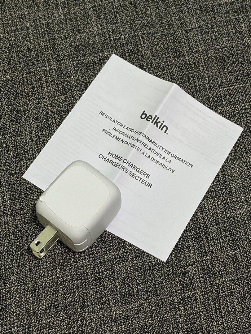 Belkin BoostCharge 45W USB-C PD Wall Charger for iPhone iPad (Category: Chargers & Cables) located in Paranaque City. Submitted by gabbysells__ (Listing ID 1463023229, Image 3). Description: - Belkin 45W USB-C PD Wall Charger - Optimized for iPhone and iPad - Fast Charging: 0-50% in 30 minutes - USB-C PD 3.2 Certified - Model: WCA003dq - Includes regulatory and sustainability booklet.