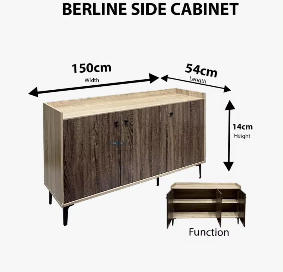 Berline Side Cabinet - 150cm Width (Category: Shelves, Cabinets & Racks) located in Mandaluyong City. Submitted by KIMGAB (Listing ID 1462892995, Image 2). Description: - Elegant wood grain finish - Sturdy black legs - Three doors open to reveal spacious shelves - Perfect for organizing and storage - Dimensions: 150cm (width) x 54cm (length) x 14cm (height) -bought last feb -RFS will migrate -Loc📍 Suntrust Verona Silang Cavite( near nuvali) .