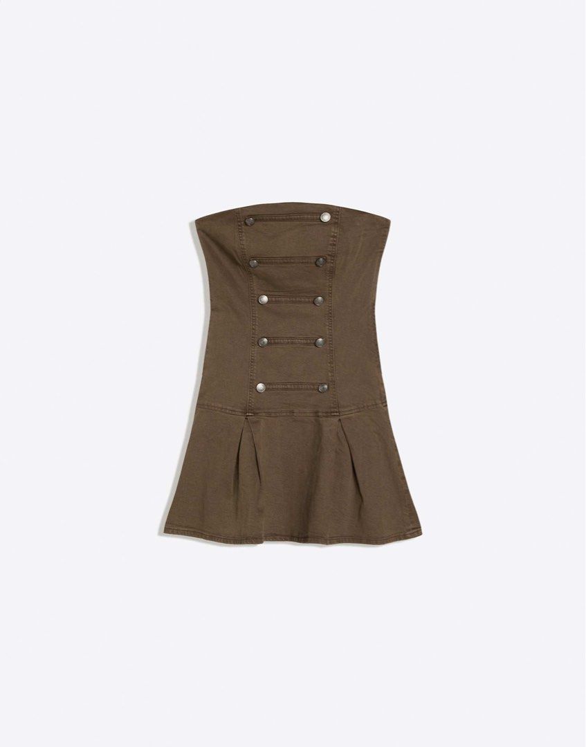 Bershka button bandeau mini dress (Category: Dresses) located in Quezon City. Submitted by hanwardrobe (Listing ID 1462905702, Image 2). Description: -bnew with tag! og price ₱2295 -size small 🩷.