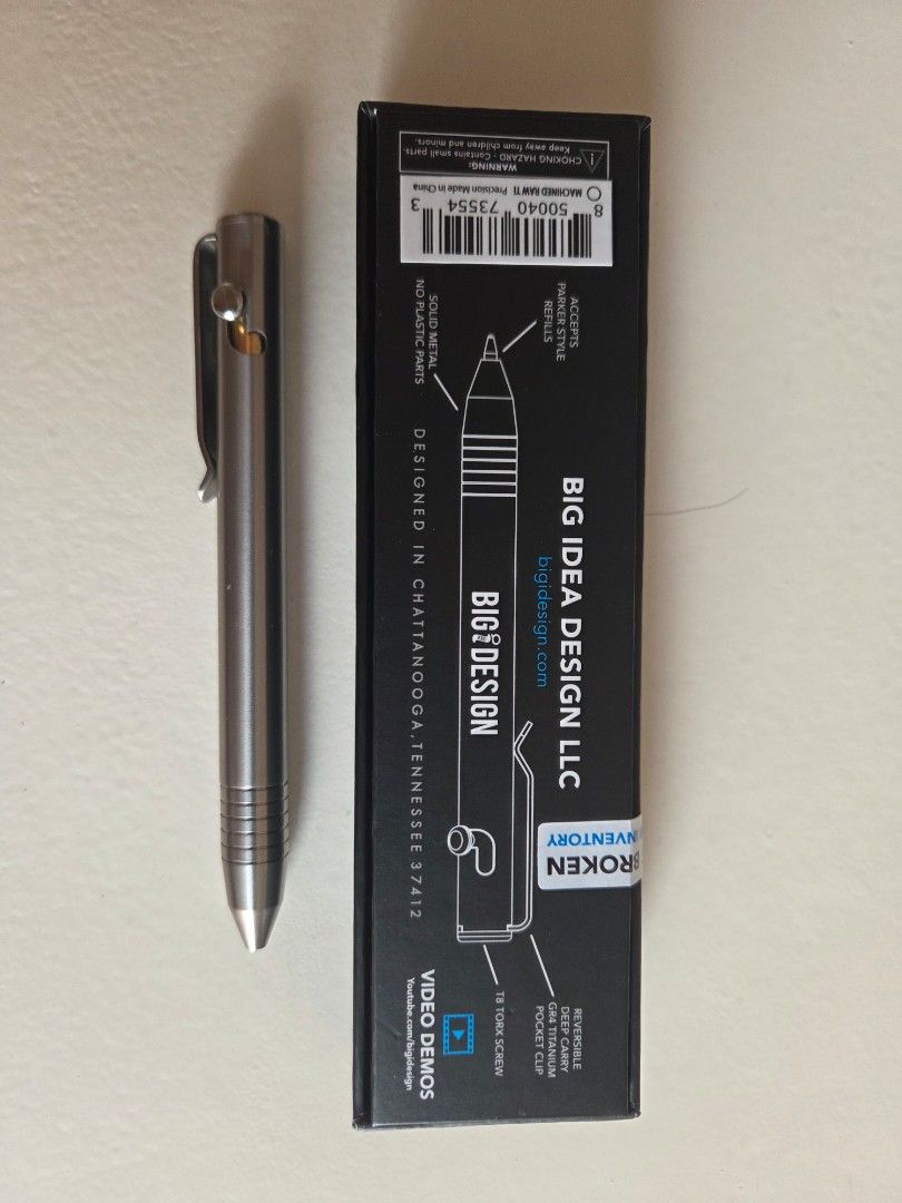 Big Idea Design Base Line Bolt Action Pen Ti Raw (Category: Craft Supplies & Tools) located in Pasig City. Submitted by set_rolento (Listing ID 1462888491, Image 3). Description: - Big Idea Design Bolt Action Pen - Base Line Model in Ti Raw finish - Durable, all-metal construction (no plastic parts) - Compatible with Parker style refills - Comes with original box Opened just to test, delivered September 16 - Free Pentel Energel (New) and Space Pe