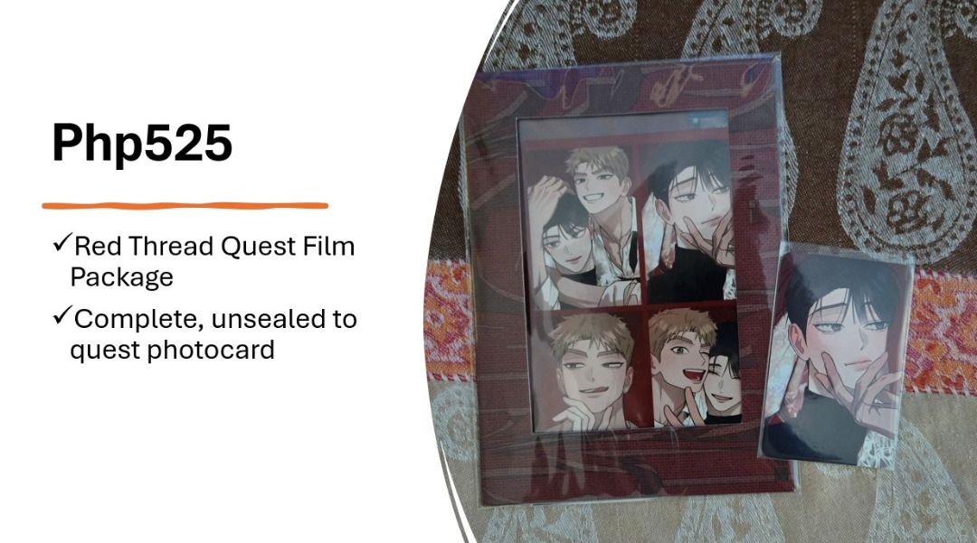 [BL Merch] Red Thread Quest - Film Package (Category: CDs & DVDs) located in Quezon City. Submitted by animeblmerchs (Listing ID 1463068551, Image 3). Description: Red Thread Quest - Film Package - Complete with photocard - Unsealed, to check photocard - Authentic from Jmeeshop (KR) - Php525 + SF MOP: Gcash/Maya/BPI/Metrobank/Unionbank.