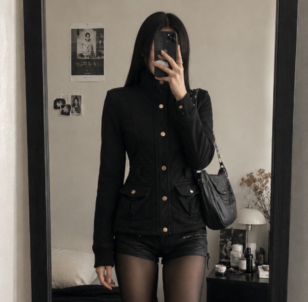 Black Button-Up Jacket with Pockets (Category: Coats, Jackets and Outerwear) located in Manila. Submitted by cheezynutzyfriez (Listing ID 1462978321, Image 1). Description: - Chic black jacket with a sophisticated high collar. - Elegant gold button details on the front and pockets. - Two functional front pockets with secure button closures. - Long sleeves with comfortable ribbed cuffs. - Made from a cozy fleece or thick cotton-like material. - Id