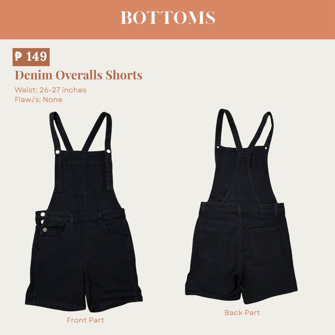Black Denim Overalls Shorts (Category: Jumpsuits) located in Manila. Submitted by preloveddorangecloset (Listing ID 1463008546, Image 1). Description: - Black denim overalls shorts - Waist fits 26-27 inches - No flaws noted - Great for a casual look - Easy to style and wear.