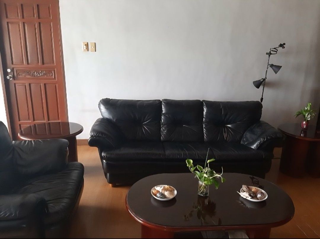 Black Genuine Leather 3-2-1 Sofa Set with Coffee Table (Category: Sofas) located in Taguig. Submitted by lunakelsey (Listing ID 1462994159, Image 2). Description: - Black genuine leather leather sofa set - Includes 3-seater, 2-seater 1-seater sofas - Comes with a matching wooden coffee center table, 2 side tables and 1 pedestal table - Leather has some creases from use - Perfect for your living room - Pick up only.