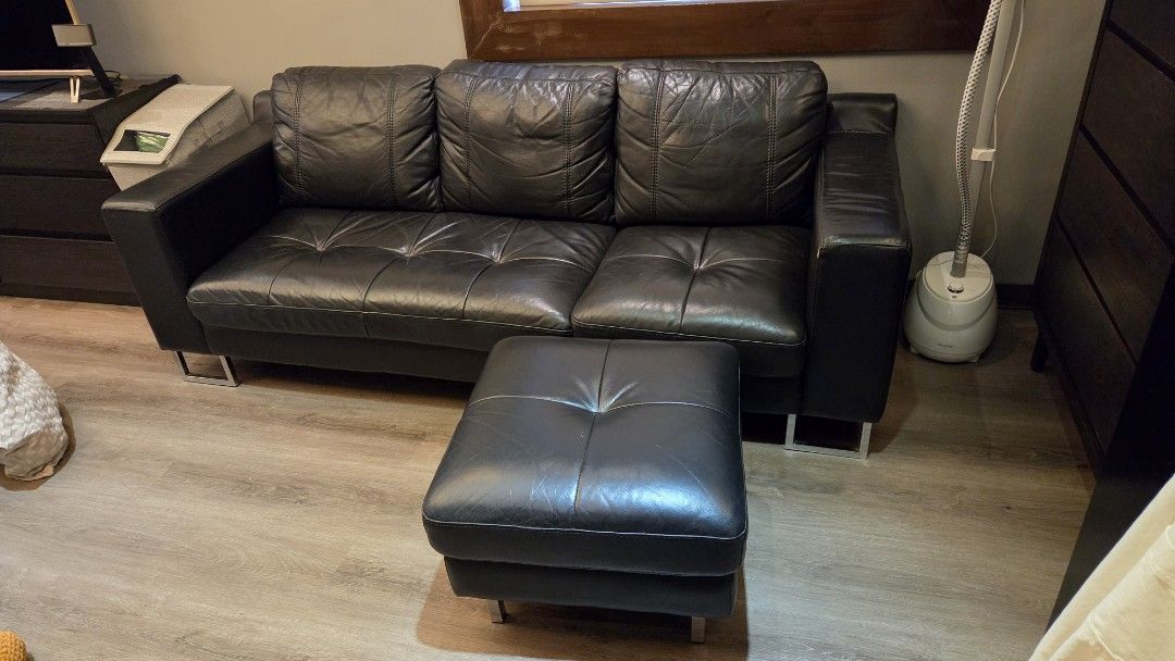 Black Leather 3-Seater Sofa with Ottoman (Category: Sofas) located in Taguig. Submitted by ginoerms (Listing ID 1463010638, Image 2). Description: Genuine Leather Sofa 3 Seater with Ottoman Dimensions in Inches Sofa Depth - 32" Length - 79" Height - 26" Ottoman Depth - 16" Length - 16" Height - 22" Pick up in AFPOVAI, Taguig Negotiable.