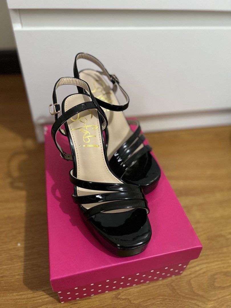 Black Patent Platform Strappy Heels (Category: Heels) located in Las Pinas. Submitted by libintingbianca (Listing ID 1462950012, Image 1). Description: - Black patent platform heels - Ankle strap for secure fit - Strappy design across the front - Chunky block heel for comfort and style - Includes original Sofab box - Versatile for dressing up any outfit.