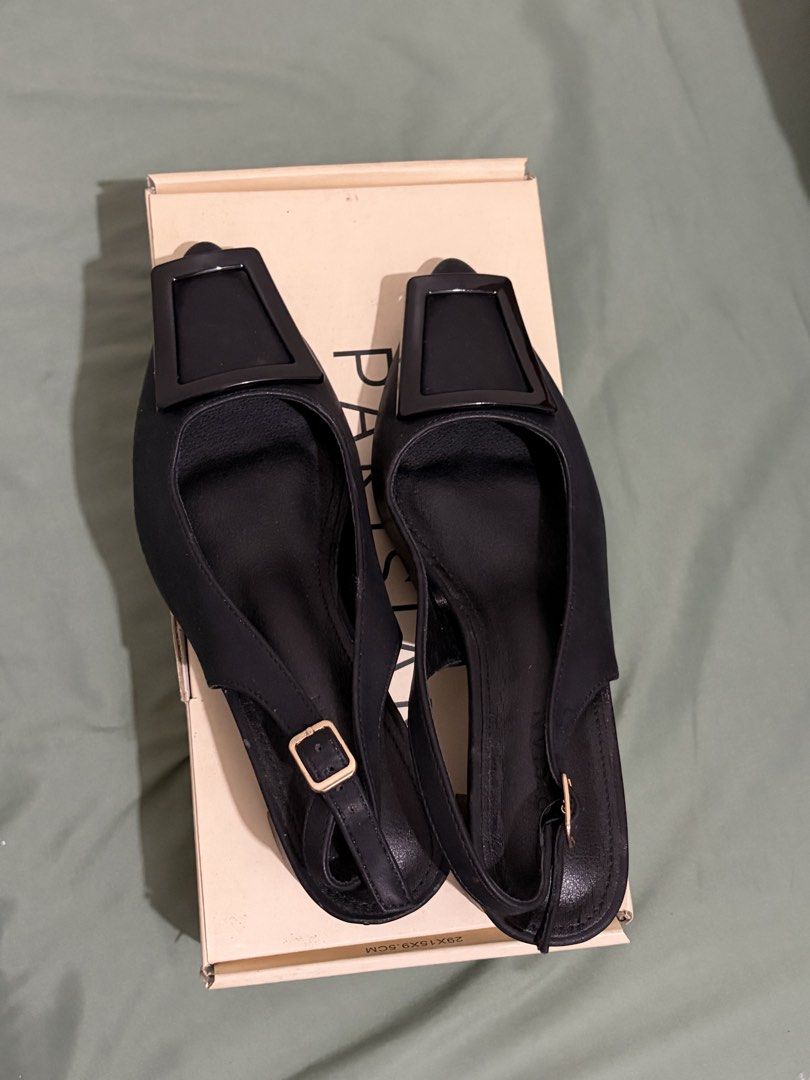 Black Slingback Heels with Square Buckle (Category: Heels) located in Marikina City. Submitted by abby1268 (Listing ID 1462958951, Image 1). Description: - Stylish black slingback heels - Features a chic square buckle on the front - Adjustable strap with a gold buckle at the heel - Perfect for dressing up or down - Comes with the original box.