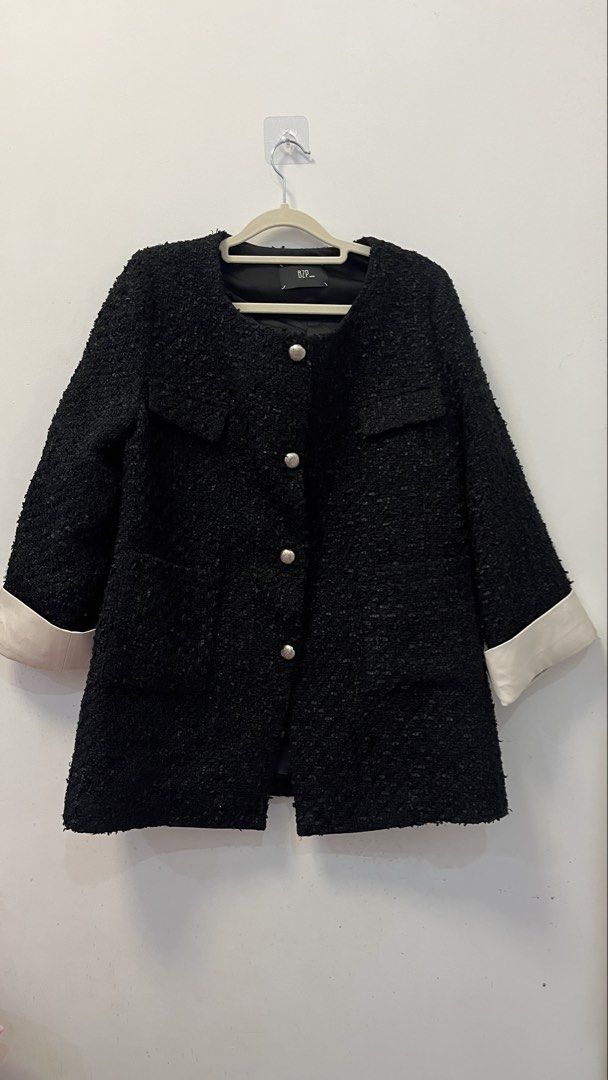 Black Tweed Jacket with Buttons (Small to Semi-Large) (Category: Coats, Jackets and Outerwear) located in Binmaley. Submitted by thegirlscloset1 (Listing ID 1463049743, Image 1). Description: Chic black tweed jacket with 3/4 sleeves, buttons, and chest flap pockets. Fully lined. Versatile for any occasion..