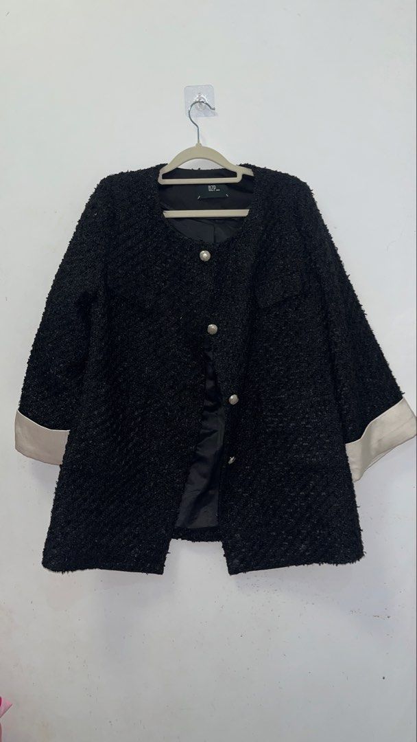 Black Tweed Jacket with Buttons (Small to Semi-Large) (Category: Coats, Jackets and Outerwear) located in Binmaley. Submitted by thegirlscloset1 (Listing ID 1463049743, Image 2). Description: Chic black tweed jacket with 3/4 sleeves, buttons, and chest flap pockets. Fully lined. Versatile for any occasion..