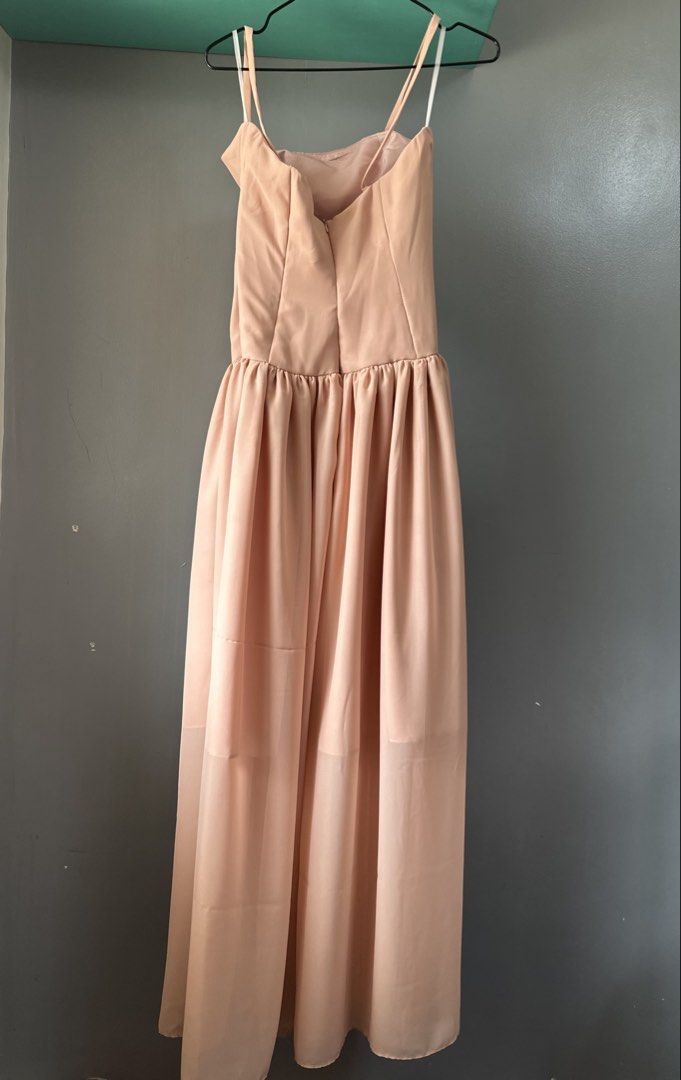 Blush Pink Spaghetti strap long gown (Category: Evening dresses & gowns) located in Quezon City. Submitted by tan__k (Listing ID 1462888432, Image 3). Description: Size 8 or Small Bust 34.25 Waist 27” Hips 38.5” Lining up to knee Chiffon fabric.