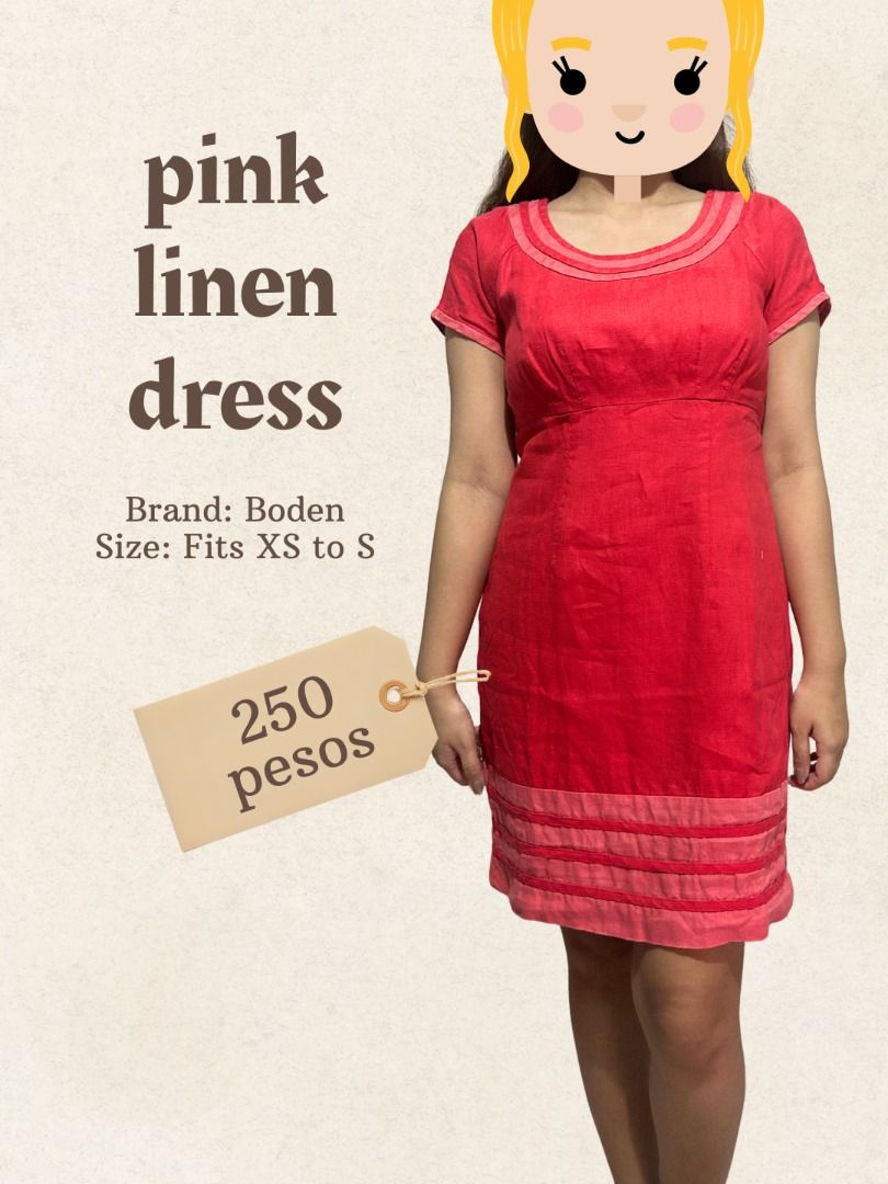 [Boden] Pink Linen Dress (Category: Dresses) located in Marikina City. Submitted by the.hourlist.closet (Listing ID 1463066249, Image 1). Description: ♡ Details Pink straight-cut linen dress ♡ Brand Boden ♡ Size Fits XS-S ♡ Condition Very good pre-loved condition No noticeable flaws ♡ Price ₱250 ♡ Shipping J&T Shipping fee shouldered by buyer. ♡ Please note All items are pre-loved, washed, and ready to wear. Please review the photos, measurements