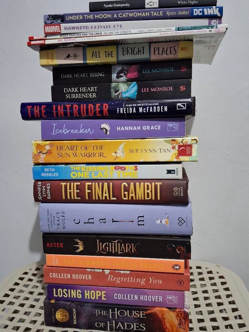 BOOKTOK, COMICS, CLASSIC BOOK (Category: Storybooks) located in Manila. Submitted by booksofdoomsilence (Listing ID 1463045080, Image 1). Description: Rush declutter, need to get these of my shelf asap📚🍀 💌 Note: - Mix of PRELOVED & BRANDNEW - 20₱ for pf - Pay later when rider picks up package will be ignored - All pages are intact! *list of books* White nights by Fyodor Dostoyevsky - 180 Regretting you by Colleen Hoover - 200 SOLD LightLark by