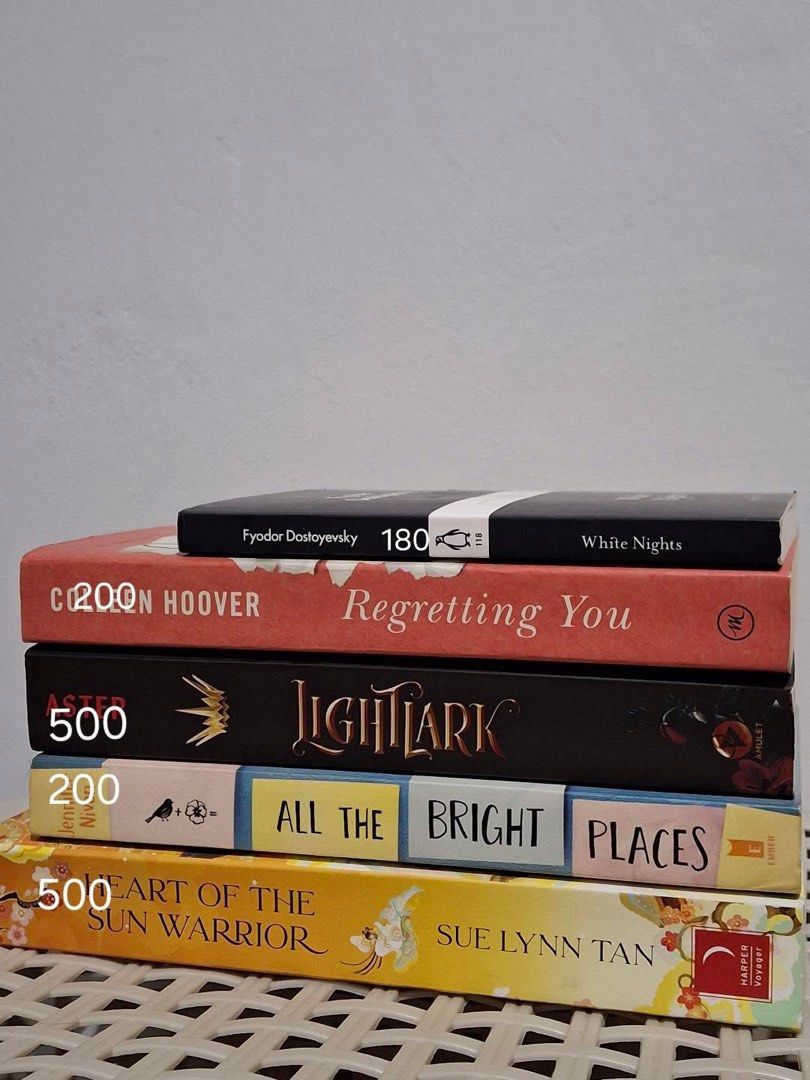 BOOKTOK, COMICS, CLASSIC BOOK (Category: Storybooks) located in Manila. Submitted by booksofdoomsilence (Listing ID 1463045080, Image 2). Description: Rush declutter, need to get these of my shelf asap📚🍀 💌 Note: - Mix of PRELOVED & BRANDNEW - 20₱ for pf - Pay later when rider picks up package will be ignored - All pages are intact! *list of books* White nights by Fyodor Dostoyevsky - 180 Regretting you by Colleen Hoover - 200 SOLD LightLark by