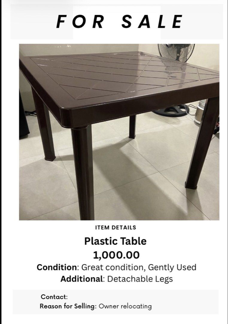 MOVING OUT: Brown Plastic Square Table with Detachable Legs (Category: Tables & Sets) located in Los Banos. Submitted by chieme.011 (Listing ID 1463084760, Image 3). Description: Material: Sturdy brown plastic table Pattern: Square top with diamond pattern • Detachable legs for easy storage and transport • Versatile: great for dining, study, or as a side table.