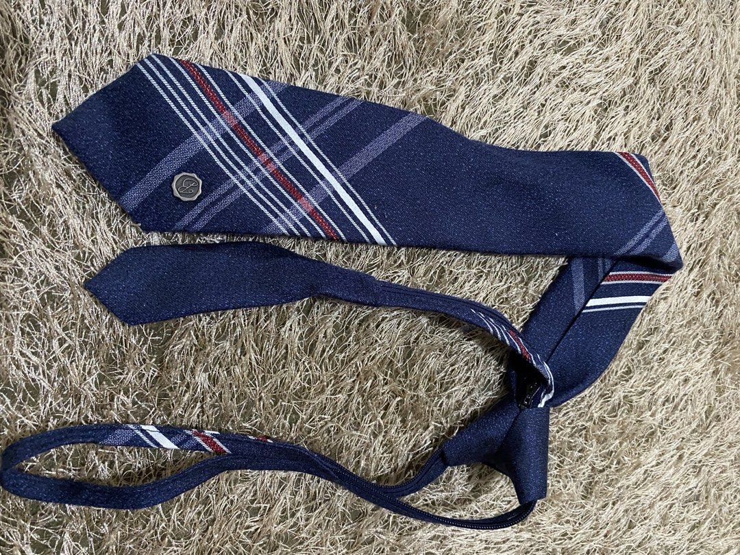 Bruno Baffi Navy Blue Plaid Tie (Category: Ties) located in Bulacan. Submitted by rich2545 (Listing ID 1462905572, Image 1). Description: - Brand: Bruno Baffi - Color: Navy blue - Pattern: Plaid with white and red stripes - Accent: Small metal emblem on the front - Style: Suitable for both formal and casual wear.