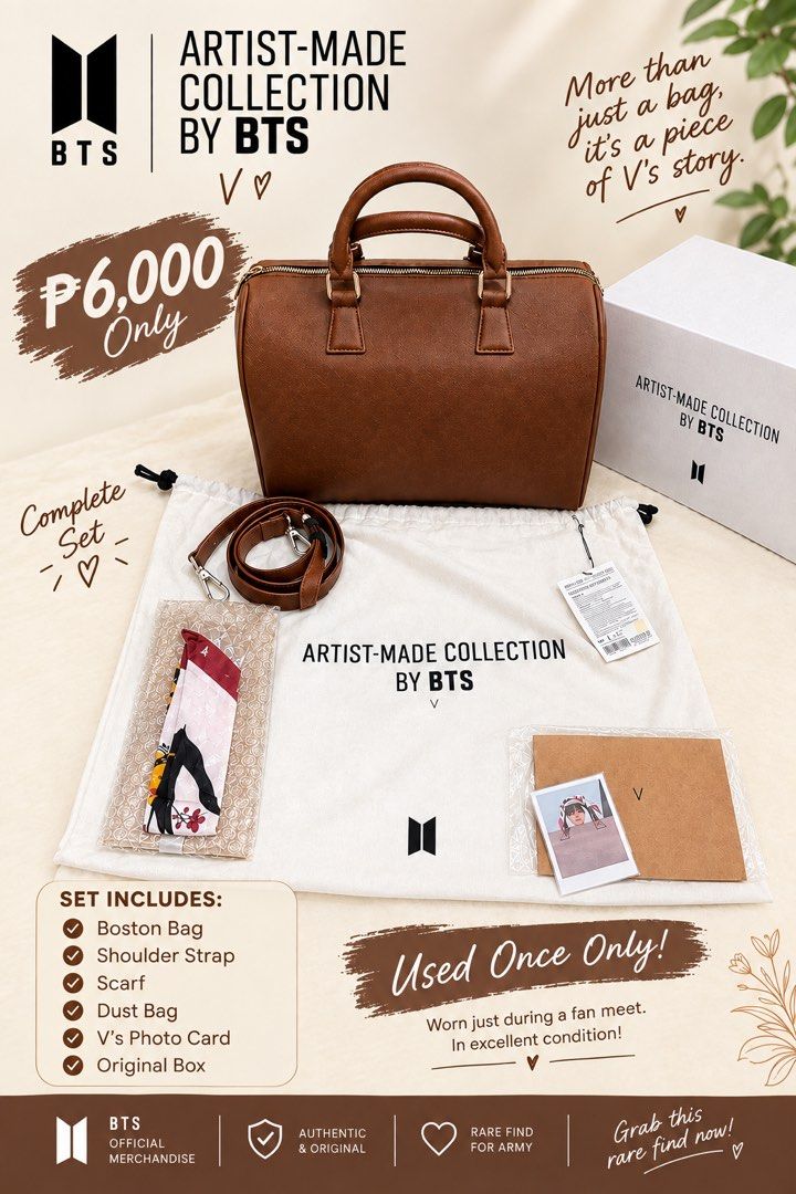 BTS Artist-Made Collection by V Boston Bag Complete Set (Category: Luxury Bags & Wallets) located in Cagayan de Oro. Submitted by taesoulwhispers (Listing ID 1462905907, Image 2). Description: Complete BTS Artist-Made Collection by V Boston Bag Inclusions: Bag, shoulder strap, scarf, dust bag, V's photocard, original box Condition: Excellent, worn only once during a fan meet RFS: decluttering Mode of Payments: Maya, Gcash, GoTyme BPI, BDO, Unionb
