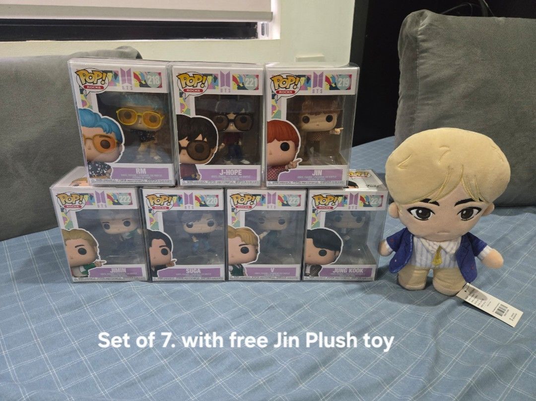 BTS Dynamite Funko Set with free Jin Plush (Category: K-Wave Merchandise) located in Pasig City. Submitted by belovedbelle (Listing ID 1463001085, Image 1). Description: -Sold as set. with free Jin plush toy -Part of personal collection -All funkos have protectors - Payment first before shipping -Shipping at buyer's expense -Location: Pasig .