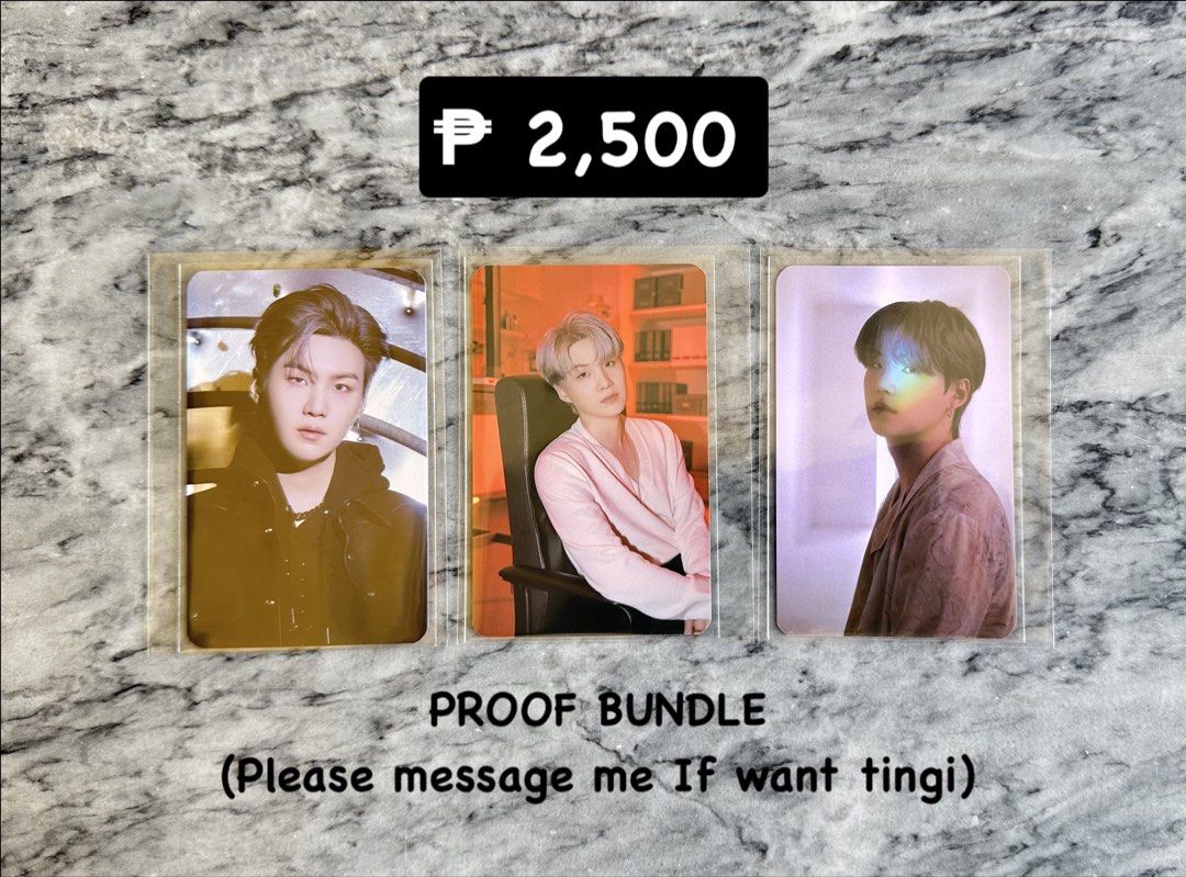 BTS PROOF Suga Photocards Bundle (Category: K-Wave Merchandise) located in Batangas. Submitted by porscheanillo (Listing ID 1462920793, Image 1). Description: - Bundle of 3 BTS PROOF photocards - Features Suga - All cards are in protective sleeves - Price is for the entire bundle - Message seller for individual card inquiries.
