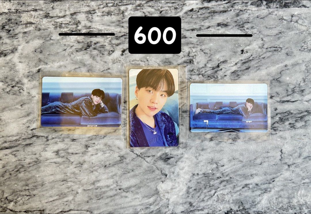 BTS Suga Photocards Set - BE (Category: K-Wave Merchandise) located in Batangas. Submitted by porscheanillo (Listing ID 1462920700, Image 1). Description: - Set of 3 official BTS Suga BE photocards - All cards are in protective sleeves.