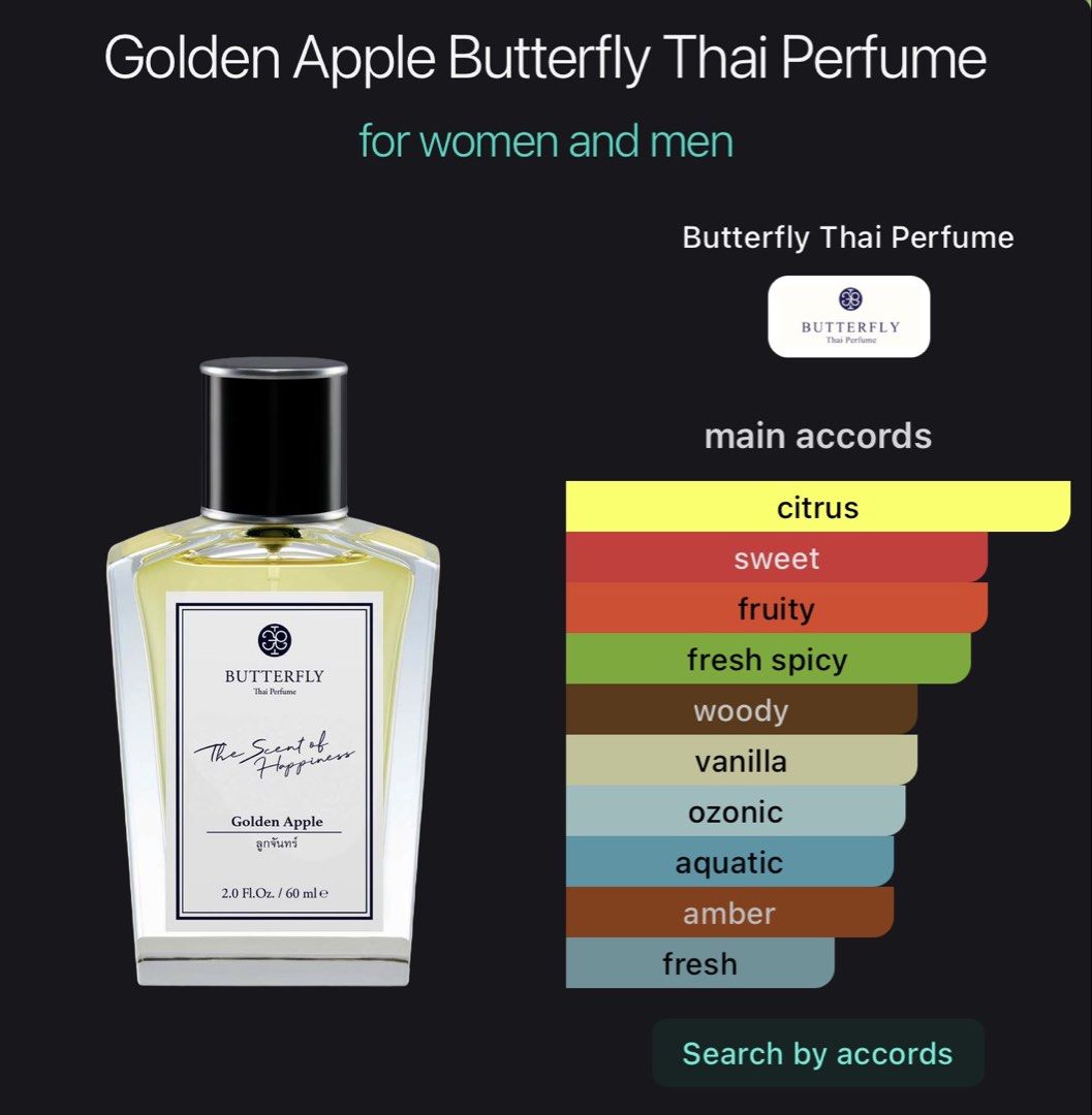 2ml DECANT | Butterfly Thai Perfume — Golden Apple (Category: Fragrance & Deodorants) located in Malolos. Submitted by xoxoche_n (Listing ID 1463069907, Image 3). Description: Can accommodate 2ml decant: ₱200 Famous thai perfume brand! Smells like green apple. Fresh, perfect for the summer!! If you want to get the full bottle (10ml), i'm selling it for ₱800. Few sprays missing lang! Super nice and very shala ng bottle 💅 .