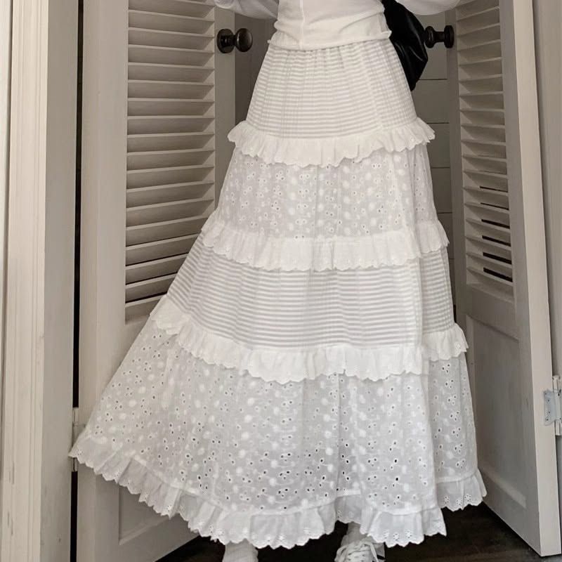 cake maxi skirt (Category: Skirts) located in Bayombong. Submitted by stroewberry (Listing ID 1462991756, Image 2). Description: - Adorable White Tiered Ruffle Eyelet Maxi Skirt - Features multiple tiers with delicate ruffles -Has slightly discoloration - Beautiful eyelet details throughout - Lightweight and airy fabric, ideal for warm weather - Perfect for achieving a summer or cottagecore aesthetic - Comfortable elastic waistband for a flexible