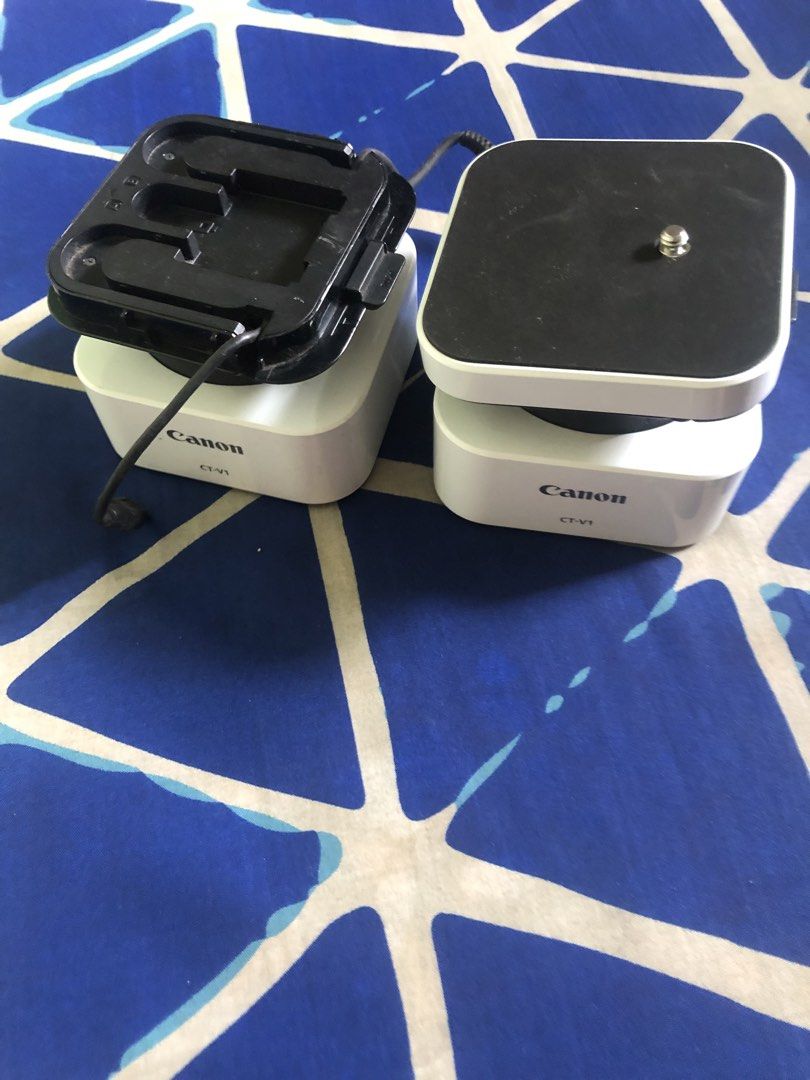 Canon CT-V1 wireless pan cradle (Category: Gimbals & Stabilizers ) located in Quezon City. Submitted by markgolveo (Listing ID 1462900233, Image 3). Description: Canon CT-V1 wireless pan cradle Untested over a canon camera unit Both tested with batteries powers on 1pc missing to cover with cable connector 1pc with top cover no connector can attach the other connector from other unit into this unit Selling as is stated of its condition.