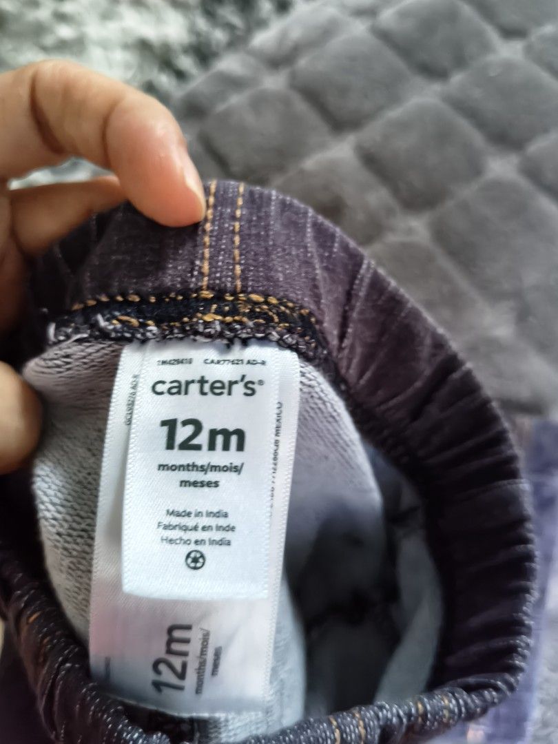 Carter's 12m Denim Jeans Pants (Category: Babies & Kids Fashion) located in Tarlac. Submitted by momma02 (Listing ID 1462915532, Image 3). Description: - Carter's baby denim pants - Size: 12 months - Comfortable elastic waistband - Two back pockets and two front pockets - Dark wash denim with contrast stitching - Made in India.