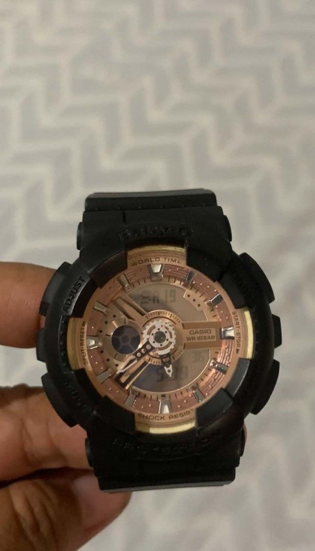 Casio Baby-G Shock Resistant Watch (Category: Women's Watches) located in Cagayan de Oro. Submitted by nadittelop78337 (Listing ID 1462949478, Image 2). Description: - Baby-G Watch - Color: Black with Rose Gold Accents - Features: World Time, WR 10 Bar, Shock Resistant - Display: Digital with Analog Hands - Strap: Black Rubber - Ideal for: Everyday Wear & Sports.