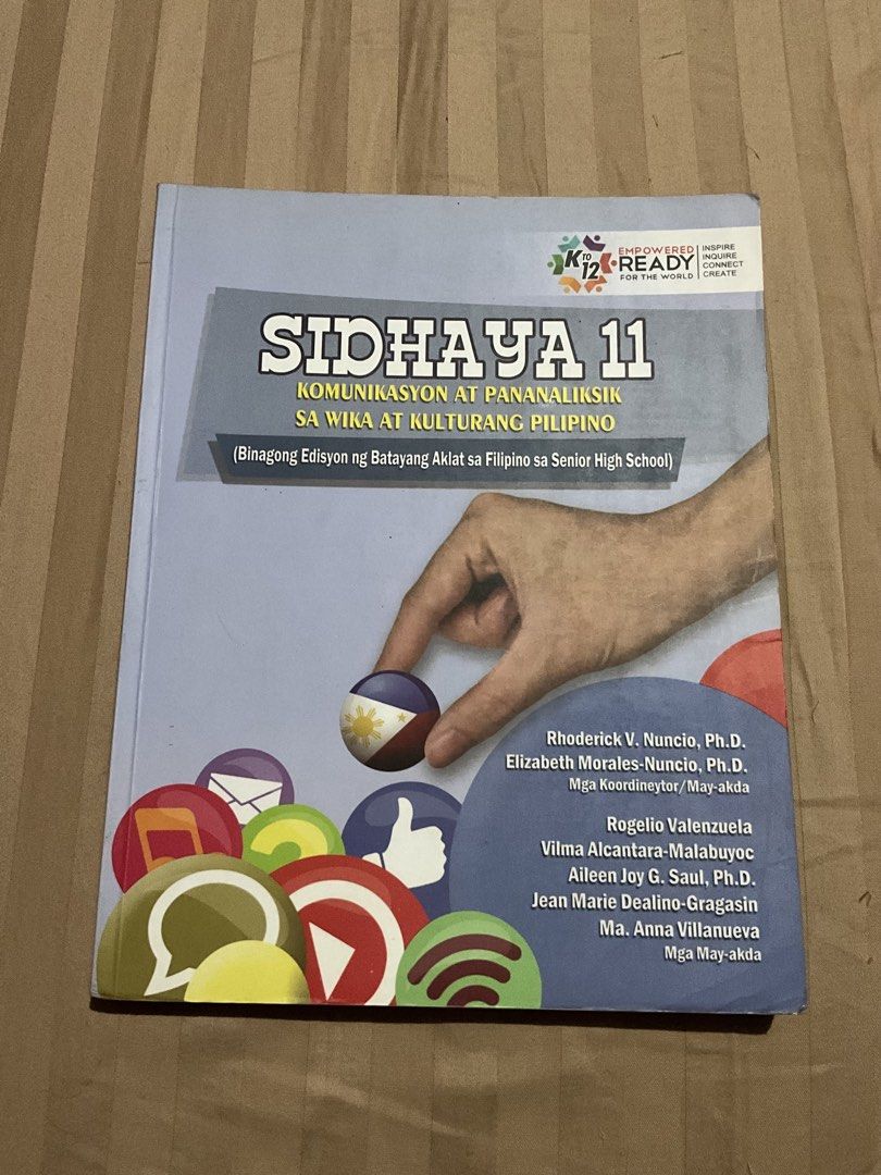 C&E Sidhaya 11 SHS (Category: Textbooks) located in Manila. Submitted by unina9 (Listing ID 1463077413, Image 1). Description: — Subject: Sidhaya 11 — Grade: Senior High School (SHS) — Publisher: C&E Publishing, Inc. — Authors: Rhoderick V. Nuncio, Ph.D., Elizabeth Morales-Nuncio, Ph.D., Rogelio Valenzuela, Vilma Alcantara-Malabuyoc, Aileen Joy G. Saul, Ph.D., Jean Marie Dealino-Gragasin, Ma. Anna Villanueva — ISBN: 978-971-97-1256-2 These books 