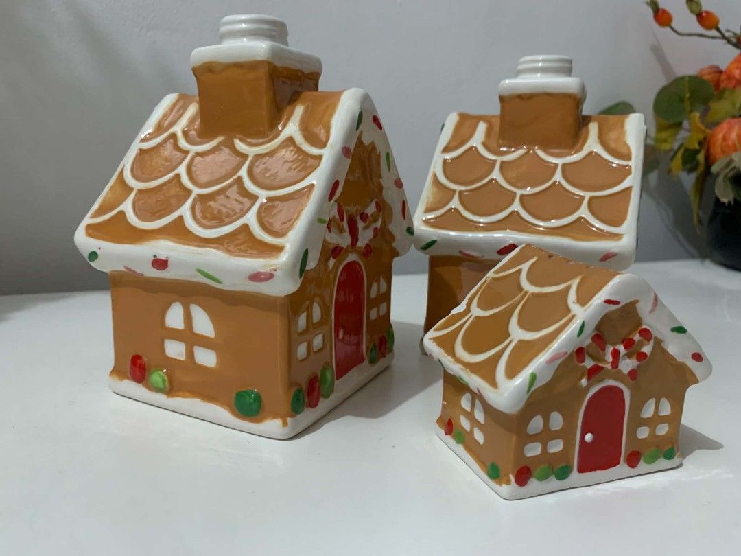 Ceramic Gingerbread House (Category: Bathroom & Kitchen Fixtures) located in Quezon City. Submitted by dfabloveverything (Listing ID 1462847348, Image 3). Description: - Made of Ceramic - Set of 3 for 350 - Big houses can be used as display or soap dispensers ( May nabibili po pump sa orange app 😁 ) - Small House - display or shaker but no stopper.