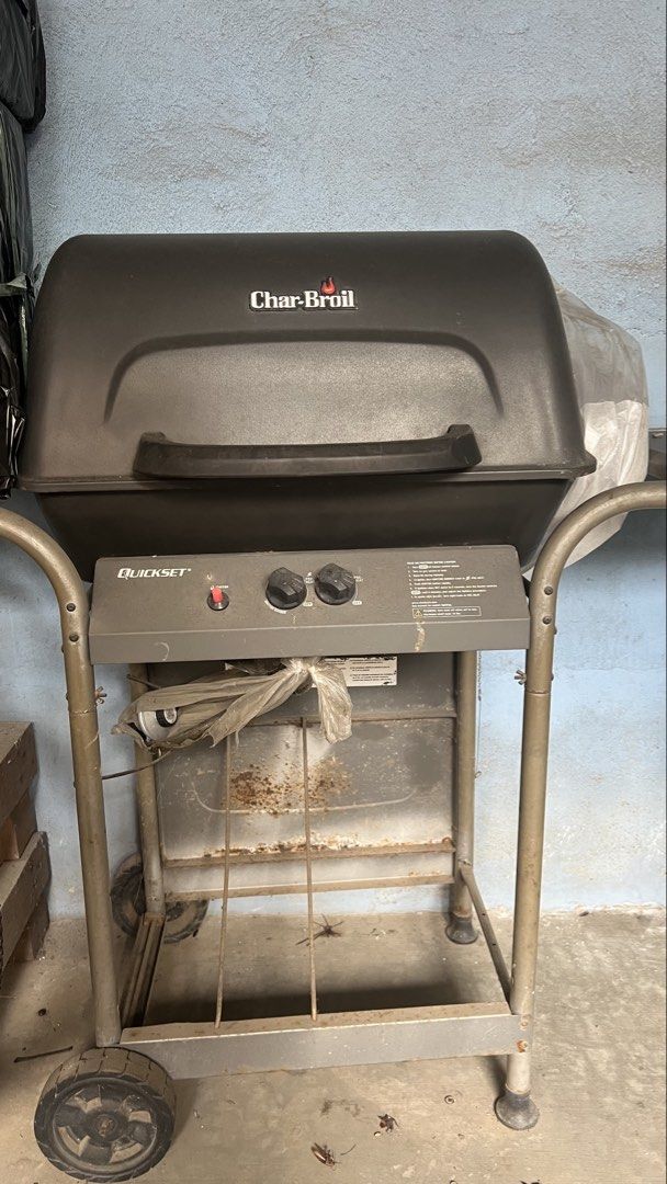 Char-Broil Quickset Gas Grill (Category: BBQ, Grills & Hotpots) located in Pasig City. Submitted by maria_coffee (Listing ID 1463076438, Image 1). Description: - Char-Broil Quickset Gas Grill - Two burners with ignition button - Some rust on bottom shelf and body - Wheels are intact - Ready for your next BBQ! - Price negotiable.