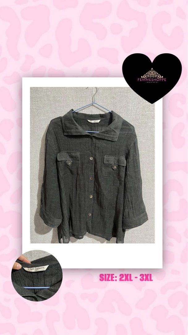 Cher Square Dark Grey Crinkled Button-Up Blouse (Category: Shirts) located in Marikina City. Submitted by femmeshoppemnl (Listing ID 1462937252, Image 1). Description: Cher Square Dark Grey Crinkled Button-Up Blouse Size: 2XL-3XL Condition: Used. See through. With working pockets. Issue: Minimal removable lints Brand: Cher Square Ukay sourced. Washed - Ready to wear. .