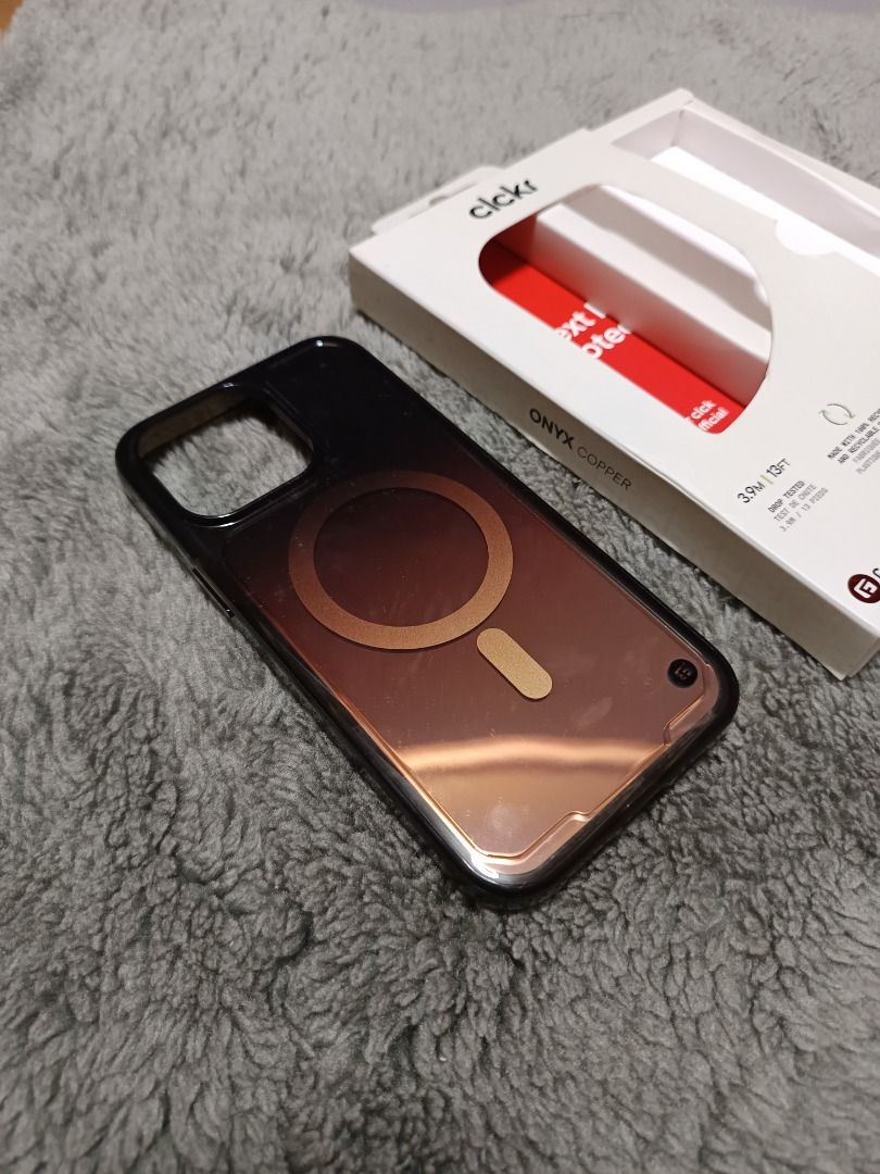 Clckr Iphone 15 Pro Max Case (Category: Cases & Sleeves) located in Baguio. Submitted by cracklin.aniue26 (Listing ID 1463000694, Image 2). Description: - Brand: Clckr - Model: iPhone 15 Pro Max - Color: Onyx Copper - Protection: G-Form Protection, Drop tested up to 3.9m (13ft) - Material: Made with 100% recycled and recyclable plastic - Compatibility: MagSafe compatible - Condition: New 4 Pcs available Php 120 each Php100 each for take all Locat