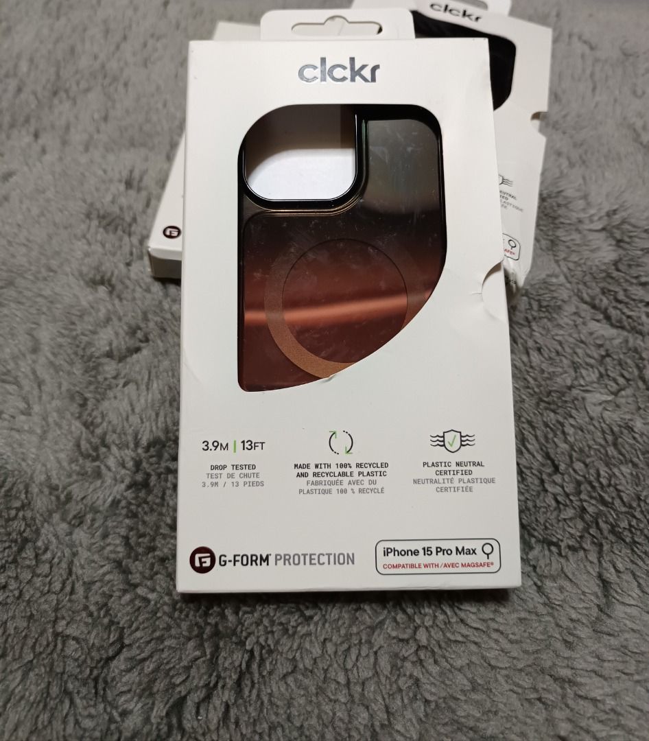 Clckr Iphone 15 Pro Max Case (Category: Cases & Sleeves) located in Baguio. Submitted by cracklin.aniue26 (Listing ID 1463000694, Image 1). Description: - Brand: Clckr - Model: iPhone 15 Pro Max - Color: Onyx Copper - Protection: G-Form Protection, Drop tested up to 3.9m (13ft) - Material: Made with 100% recycled and recyclable plastic - Compatibility: MagSafe compatible - Condition: New 4 Pcs available Php 120 each Php100 each for take all Locat