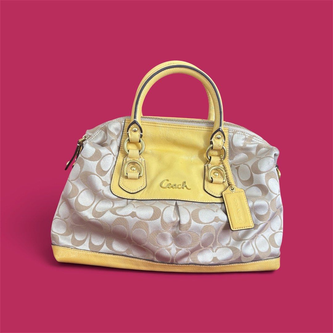 5-DAY SALE. FIXED PRICE. COACH ASHLEY TWO WAY BAG (Category: Luxury Bags & Wallets) located in Batangas. Submitted by missraee (Listing ID 1461823468, Image 1). Description: 5-day SALE. FIXED PRICE. Back to old price after 5 days ☺️ Original price 6500 - Authentic Coach monogram canvas handbag - Chic yellow patent leather trim and top handles -intact rubber lining -no rubs -no dirt -like new hardware -with sling -butter yellow color flaw: -minima