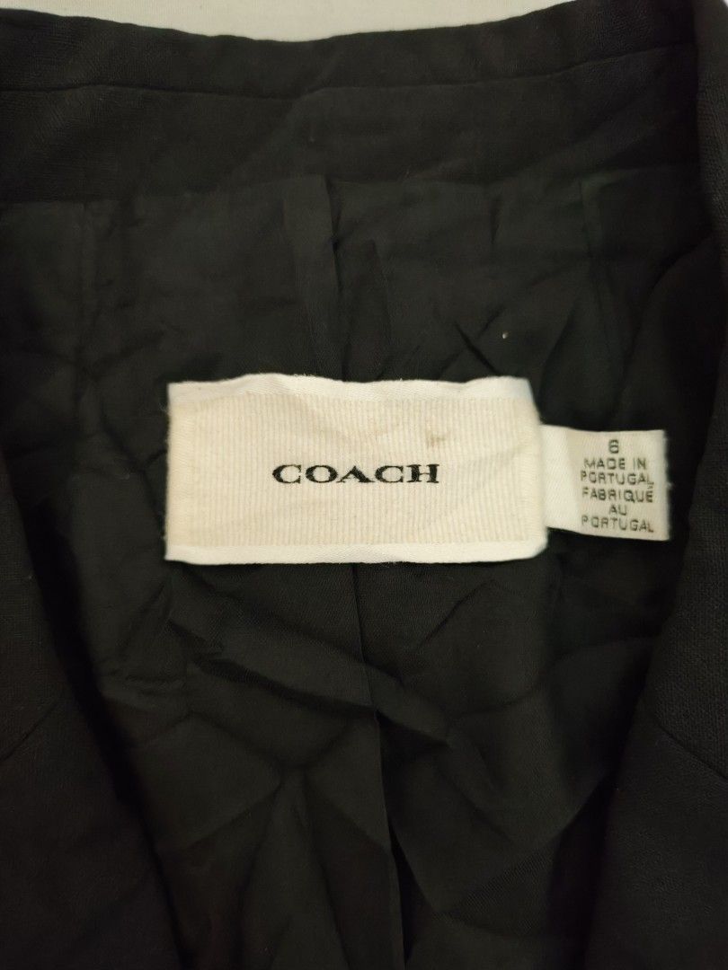 COACH Black Wool Blend Blazer Size S (Category: Coats, Jackets and Outerwear) located in Isulan. Submitted by jaysthrift (Listing ID 1462913182, Image 2). Description: - Classic black blazer from COACH - Made in Portugal - Material: 96% Wool, 4% Elastane (Shell); 100% Acetate (Lining) - Features: Three-button closure, two front pockets - Includes: Extra button - Versatile: Ideal for work or a night out -Kayo napo mag palit ng Button may extra pa 