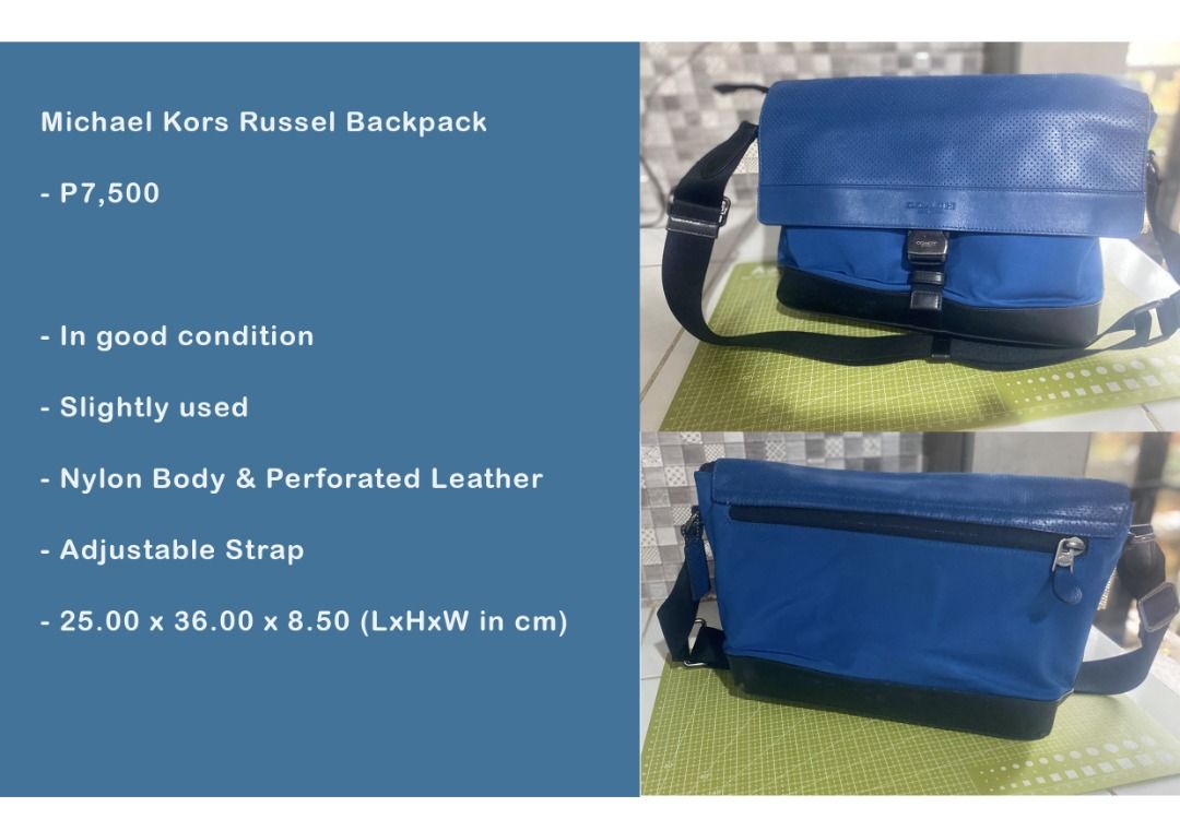 Coach Messenger Blue Nylon Perforated Leather (Category: Backpacks) located in Manila. Submitted by jaypallasi14998 (Listing ID 1463021531, Image 1). Description: - Color: Blue - Material: Nylon body with perforated leather details - Features: Adjustable strap - Dimensions: 25.00 x 36.00 x 8.50 cm (LxHxW) - Condition: Good, slightly used.