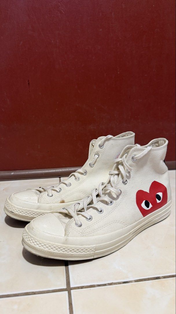 Converse x CDG HiCut White Chucks (Category: Casual Shoes) located in Manila. Submitted by sneakspxxks (Listing ID 1463022441, Image 1). Description: Worn a few times as evident on the soles Need reglye .
