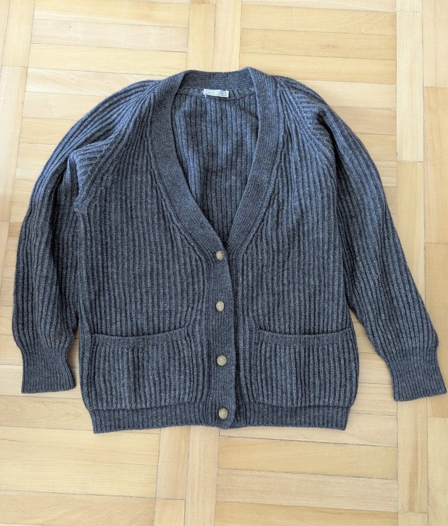 Dark Grey Ribbed Button-Up Cardigan (Category: Coats, Jackets and Outerwear) located in Taguig. Submitted by hlco13 (Listing ID 1462960031, Image 1). Description: - 100% wool Classic dark grey cardigan - Ribbed knit texture all over - Two front pockets - Button-up closure - Estimated size: S - Ideal for layering.